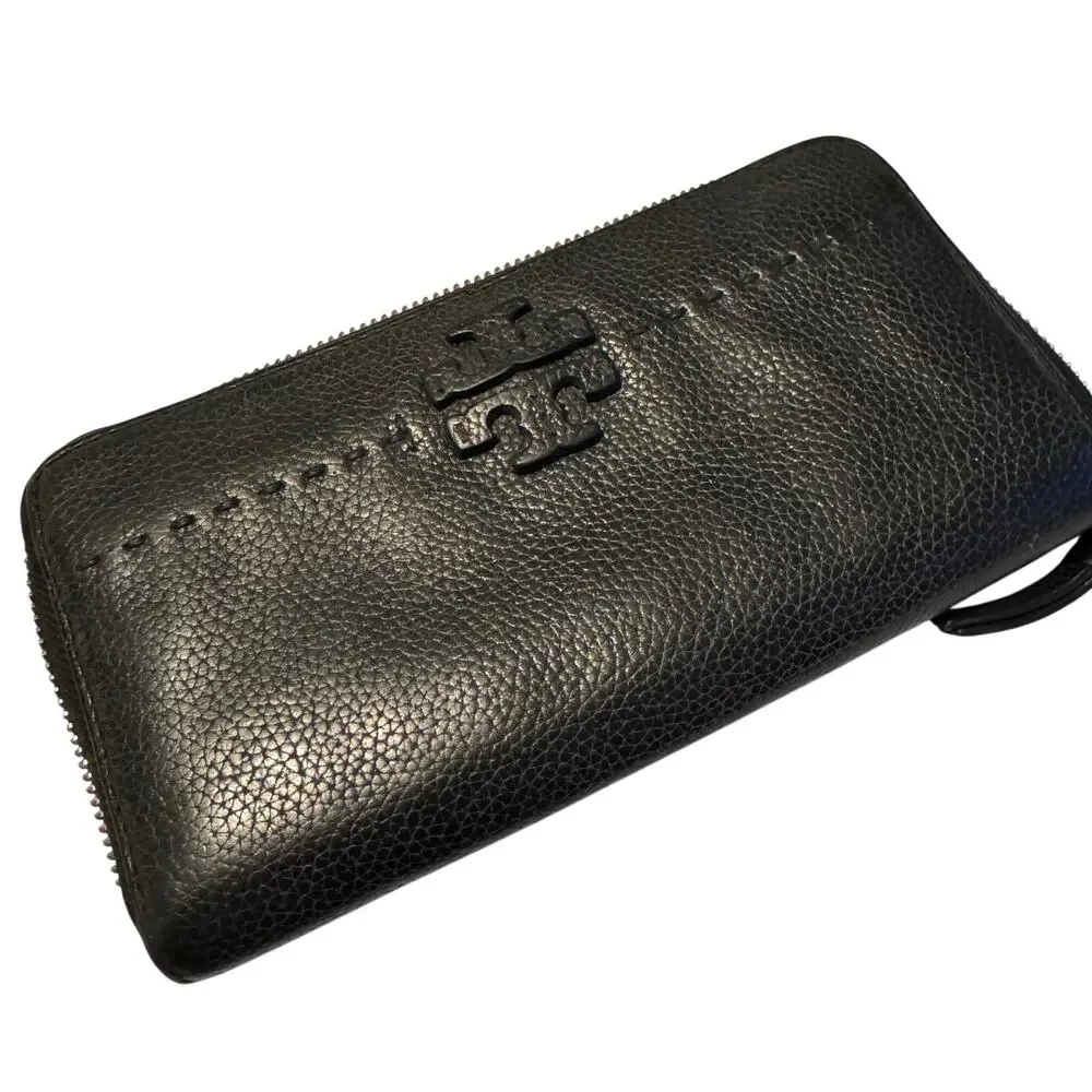 Tory Burch McGraw Zip Continental Wallet in black pebbled leather
